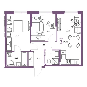 Квартира Евротрешка 54.80м² в ЖК «Европейский берег 2.0» в районе Заречный | Сдача: I кв. 2028 — Центр Новостроек