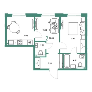 Квартира 2-комнатная 46.58м² в ЖК «Европейский берег 2.0» в районе Заречный | Сдача: I кв. 2028 — Центр Новостроек