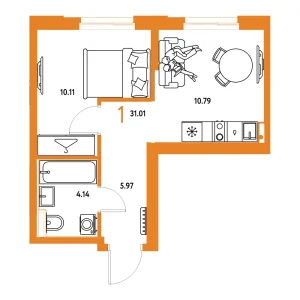 Квартира 1-комнатная 31.01м² в ЖК «Европейский берег 2.0» в районе Заречный | Сдача: I кв. 2028 — Центр Новостроек