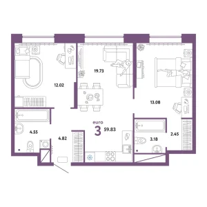 Квартира Евротрешка 59.83м² в ЖК «Европейский берег 2.0» в районе Заречный | Сдача: I кв. 2026 — Центр Новостроек