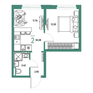 Квартира Евродвушка 30.58м² в ЖК «Остров-сад» в районе ДОК | Сдача: IV кв. 2028 — Центр Новостроек