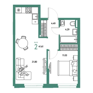 Квартира Евродвушка 41.61м² в ЖК «Остров-сад» в районе ДОК | Сдача: IV кв. 2028 — Центр Новостроек
