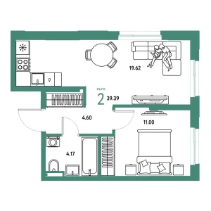 Квартира Евродвушка 39.39м² в ЖК «Остров-сад» в районе ДОК | Сдача: IV кв. 2028 — Центр Новостроек