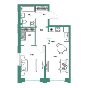 Квартира Евродвушка 45.64м² в ЖК «Остров-сад» в районе ДОК | Сдача: IV кв. 2028 — Центр Новостроек