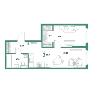 Квартира Евродвушка 44.91м² в ЖК «Остров-сад» в районе ДОК | Сдача: IV кв. 2028 — Центр Новостроек