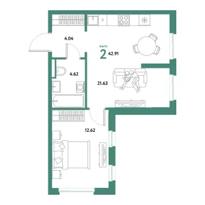 Квартира Евродвушка 42.91м² в ЖК «Остров-сад» в районе ДОК | Сдача: IV кв. 2028 — Центр Новостроек
