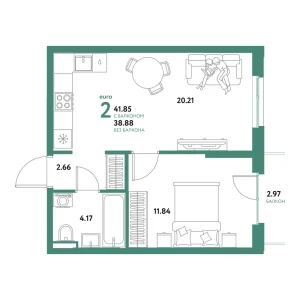 Квартира Евродвушка 41.85м² в ЖК «Остров-сад» в районе ДОК | Сдача: IV кв. 2028 — Центр Новостроек