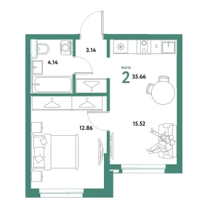 Квартира Евродвушка 35.66м² в ЖК «Остров-сад» в районе ДОК | Сдача: IV кв. 2027 — Центр Новостроек
