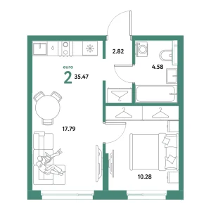 Квартира Евродвушка 35.47м² в ЖК «Остров-сад» в районе ДОК | Сдача: IV кв. 2027 — Центр Новостроек