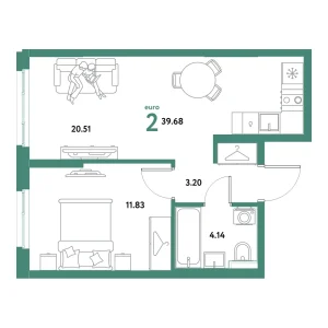 Квартира Евродвушка 39.68м² в ЖК «Остров-сад» в районе ДОК | Сдача: IV кв. 2027 — Центр Новостроек