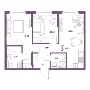 Квартира Евротрешка 55.33м² в ЖК «Остров-сад» в районе ДОК | Сдача: IV кв. 2027 — Центр Новостроек