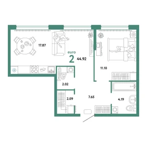 Квартира Евродвушка 44.92м² в ЖК «Сердце Сибири» в районе Центр: КПД | Сдача: II кв. 2026 — Центр Новостроек