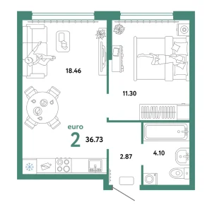 Квартира Евродвушка 36.73м² в ЖК «Сердце Сибири» в районе Центр: КПД | Сдача: II кв. 2026 — Центр Новостроек