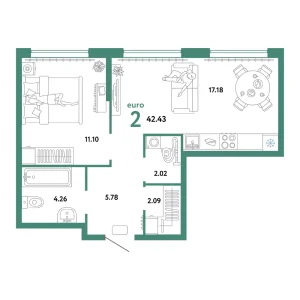Квартира Евродвушка 42.43м² в ЖК «Сердце Сибири» в районе Центр: КПД | Сдача: II кв. 2026 — Центр Новостроек
