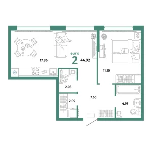 Квартира Евродвушка 44.92м² в ЖК «Сердце Сибири» в районе Центр: КПД | Сдача: II кв. 2026 — Центр Новостроек