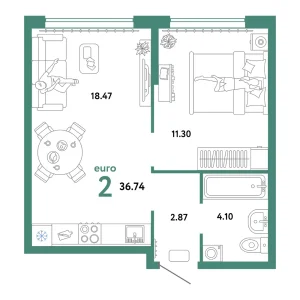 Квартира Евродвушка 36.74м² в ЖК «Сердце Сибири» в районе Центр: КПД | Сдача: II кв. 2026 — Центр Новостроек