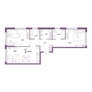 Квартира Евротрешка 69.40м² в ЖК «Сердце Сибири» в районе Центр: КПД | Сдача: II кв. 2026 — Центр Новостроек