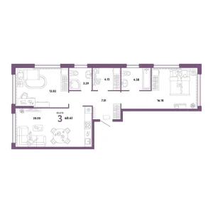 Квартира Евротрешка 69.41м² в ЖК «Сердце Сибири» в районе Центр: КПД | Сдача: II кв. 2026 — Центр Новостроек