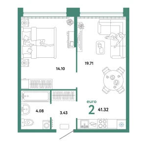 Квартира Евродвушка 41.32м² в ЖК «Сердце Сибири» в районе Центр: КПД | Сдача: II кв. 2026 — Центр Новостроек