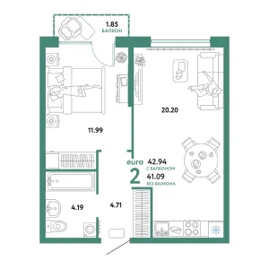 Квартира Евродвушка 42.94м² в ЖК «Сердце Сибири» в районе Центр: КПД | Сдача: II кв. 2026 — Центр Новостроек