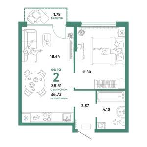 Квартира Евродвушка 38.51м² в ЖК «Сердце Сибири» в районе Центр: КПД | Сдача: II кв. 2026 — Центр Новостроек