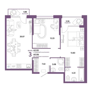 Квартира Евротрешка 65.00м² в ЖК «Сердце Сибири» в районе Центр: КПД | Сдача: II кв. 2026 — Центр Новостроек