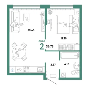 Квартира Евродвушка 36.73м² в ЖК «Сердце Сибири» в районе Центр: КПД | Сдача: II кв. 2026 — Центр Новостроек