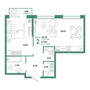 Квартира Евродвушка 49.53м² в ЖК «Сердце Сибири» в районе Центр: КПД | Сдача: II кв. 2026 — Центр Новостроек