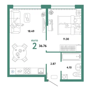 Квартира Евродвушка 36.76м² в ЖК «Сердце Сибири» в районе Центр: КПД | Сдача: II кв. 2026 — Центр Новостроек