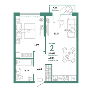 Квартира Евродвушка 42.93м² в ЖК «Сердце Сибири» в районе Центр: КПД | Сдача: II кв. 2026 — Центр Новостроек