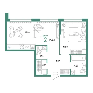 Квартира Евродвушка 44.93м² в ЖК «Сердце Сибири» в районе Центр: КПД | Сдача: II кв. 2026 — Центр Новостроек