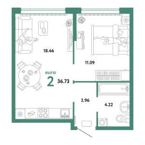 Квартира Евродвушка 36.73м² в ЖК «Сердце Сибири» в районе Центр: КПД | Сдача: II кв. 2026 — Центр Новостроек