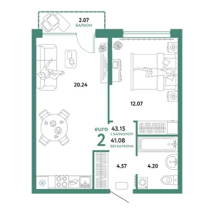 Квартира Евродвушка 43.15м² в ЖК «Сердце Сибири» в районе Центр: КПД | Сдача: II кв. 2026 — Центр Новостроек