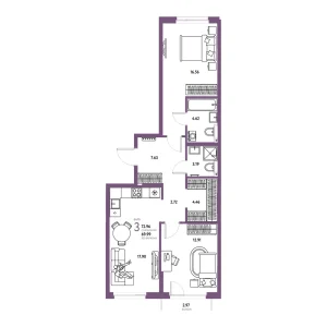 Квартира Евротрешка 72.96м² в ЖК «Сердце Сибири» в районе Центр: КПД | Сдача: IV кв. 2027 — Центр Новостроек