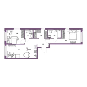 Квартира Евротрешка 64.93м² в ЖК «Сердце Сибири» в районе Центр: КПД | Сдача: IV кв. 2027 — Центр Новостроек