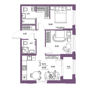Квартира Евротрешка 55.74м² в ЖК «Сердце Сибири» в районе Центр: КПД | Сдача: IV кв. 2027 — Центр Новостроек