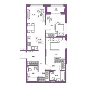Квартира Евротрешка 72.84м² в ЖК «Страна.Прибрежная» в районе Центр: Студгородок | Сдача: IV кв. 2026 — Центр Новостроек