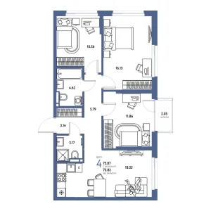Квартира 4-комнатная 75.87м² в ЖК «Страна.Прибрежная» в районе Центр: Студгородок | Сдача: IV кв. 2026 — Центр Новостроек